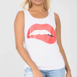 Coupon 🎁 Oops Fashion White Vest Top With Red Lips Graphic 🔥