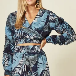 Best Sale 🧨 Off The Railz Navy Leaf Print Cross Over V Neck Crop Top With Elasticated Hem And Cuff 👍