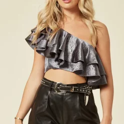 Deals 😉 The Naked Laundry Diagonal Frill One Shoulder Crop Top In Stormy Grey ✨