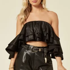 Cheap 🌟 The Naked Laundry Off Shoulder Frill Bardot Crop Top In Black ✔️