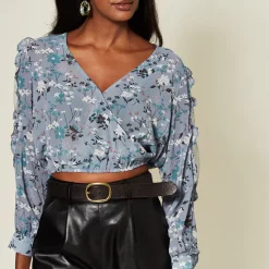 Top 10 😀 Off The Railz Long Sleeve Crop Top In Dusky Blue Floral Print 😍