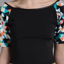 Discount 🔥 NO FIXED ABODE Crop Top In Black/Mixed Print ❤️
