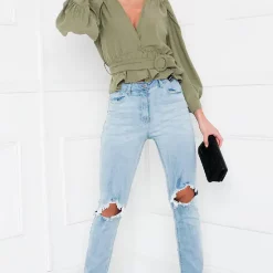 Best Pirce 👏 IKRUSH Kourtney Belted Long Sleeve Top In Khaki 👍