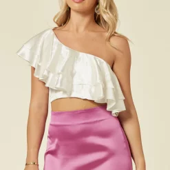 Cheap ⭐ The Naked Laundry Diagonal Frill One Shoulder Crop Top In Ivory 🤩