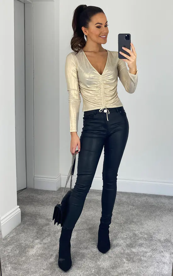 Best reviews of π Goddiva Metallic Drawstring Long Sleeve Crop Top In Cream Gold βοΈ - Image 2