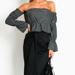 Best deal 😀 IKRUSH Zarah Shimmer Off Shoulder Crop Top In Silver 🥰
