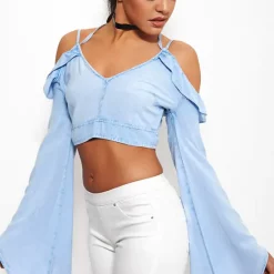Best deal 🛒 The Fashion Bible Fiji Chambray Cold Shoulder Cross Strap Top 🧨