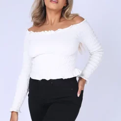 Promo 🤩 Pretty Moi White Shirred Wrap Over Bardot Crop Top 🔔