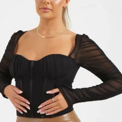 Deals ⌛ Pretty Moi Black Mesh Corset Style Crop Top 🧨