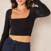 Hot Sale 🛒 Pleat Boutique Monica Long Sleeve Square Neck Crop Top In Black 🛒