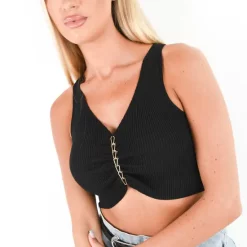 Cheapest 😀 Pretty Moi Black Ribbed Chain Detail Cropped Tank Top 😀