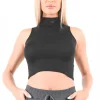 Coupon 🌟 Pretty Moi Black High Neck Sleeveless Crop Top 👍