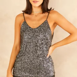 Discount 🎁 KURT MULLER Black Sequin Embellished Metallic Strap Cami Vest Top ✔️