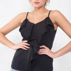 New 👏 Boutique Store Black Ruffle Front V Neck Cami Top 😉