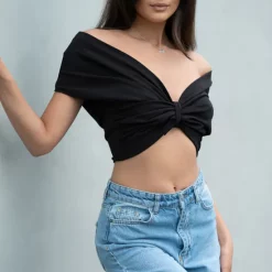 Best Sale 🧨 Rag & Doll Skye Off Shoulder Short Sleeve Crop Top Black 🔥