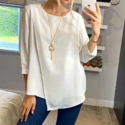 Cheap ✨ HOXTON GAL Oversized Crepe Asymmetric Blouse In White With Necklace 🤩