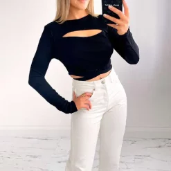 Flash Sale ❤️ IKRUSH Kelly Ribbed Crop Top With Cut Out Detail In Black 💯