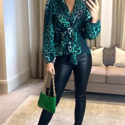 Budget 🔥 Jenerique Wrap Over Long Sleeve Top/Blouse In Green Leopard Print 👍