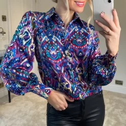 Wholesale 🛒 ANGELEYE Long Sleeve Buttoned Satin 👕 Shirt In Chic Boho Print 😀