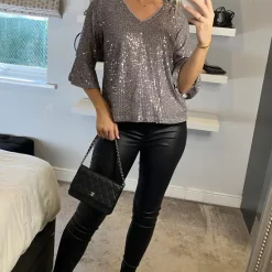 Best Pirce ✔️ Yumi Sequin Top With Fluted Sleeve In Silver 🔔