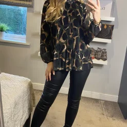 Top 10 🔥 KURT MULLER Giraffe Print Pleated High Neck Blouse In Khaki 🛒