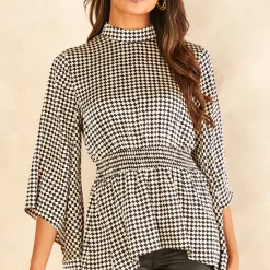 Best reviews of ⌛ Blue Vanilla Houndstooth Shirred Peplum Cut Out Sleeve ✔️