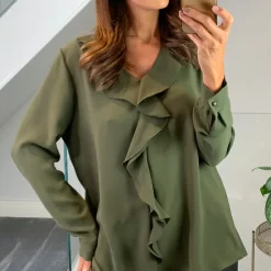 Best Pirce ✨ HOXTON GAL Oversized Crepe Top With Frilled Front In Khaki 🔥