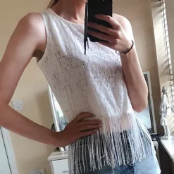 Wholesale 🎉 CY Boutique Floral Lace Vest Top With Fringe Design Hem In White 🤩