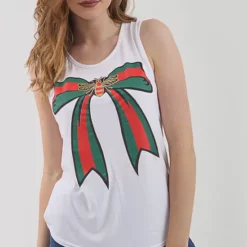 Best Pirce 🥰 Oops Fashion White Sleeveless Vest Top With Green And Red Bow 🌟