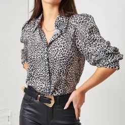 Best Pirce ❤️ Love Frontrow Grey And Black Leopard Print Puff Sleeve 👕 Shirt ⌛
