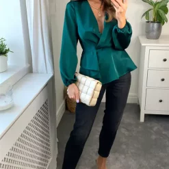 Best deal 🛒 Double Second Dark Green Wrap Frill Front Satin Top 🌟