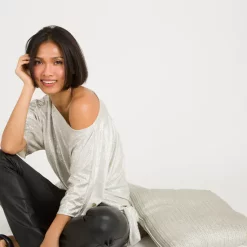 Coupon 🧨 KRISP Crinkle Champagne Metallic Tie Hem Top 😉