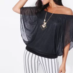 Cheap 🔥 KRISP Black Slub Chiffon Cape Top With Necklace 🔔