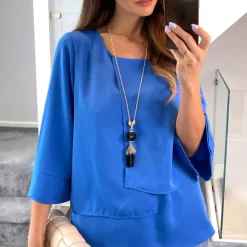 Top 10 💯 HOXTON GAL Oversized 3/4 Sleeves Asymmetric Layered Blouse With Necklace In Indigo 💯