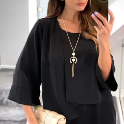 Best reviews of ✨ HOXTON GAL Oversized 3/4 Sleeves Asymmetric Layered Blouse With Necklace In Black 🔔