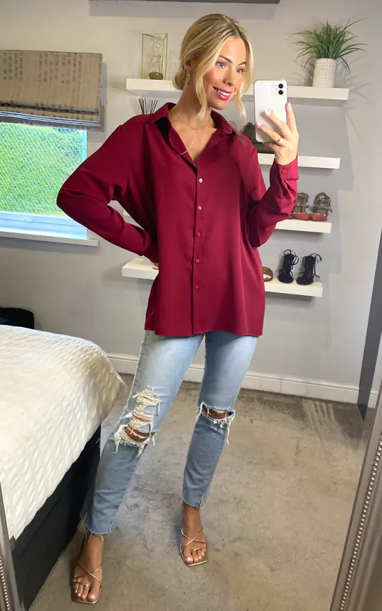 Top 10 ✨ HOXTON GAL Long Sleeves Relaxed Fit 👚 Shirt In Burgundy 🛒 - Image 3