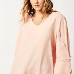 Best Pirce 👏 HOXTON GAL Oversized Long Sleeves V Neck Blouse With Detailed Cuffs In Pink ⌛