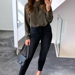 Best deal ❤️ HOXTON GAL Oversized Detailed Neck Top With Long Sleeves In Beige Khaki 🎁