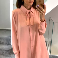 Best deal 🔔 HOXTON GAL Oversized Tie Detailed Tunic 👕 Shirt With Long Sleeves In Pink ❤️