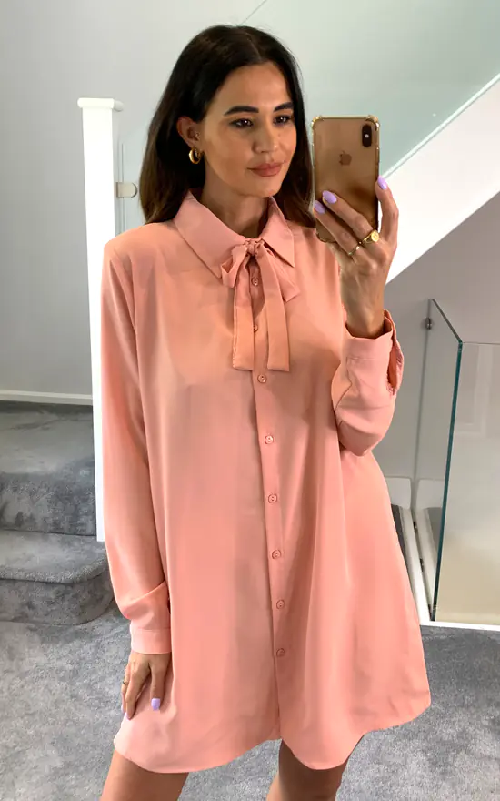 Best deal 🔔 HOXTON GAL Oversized Tie Detailed Tunic 👕 Shirt With Long Sleeves In Pink ❤️
