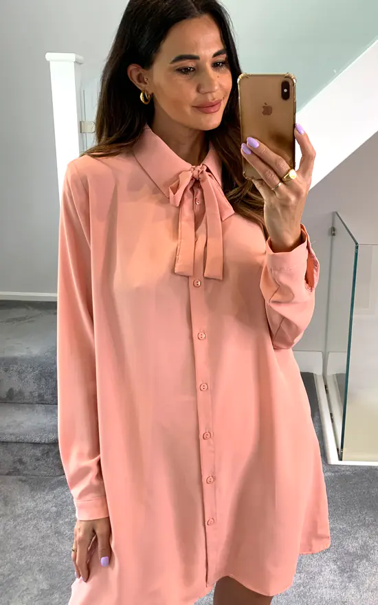 Best deal 🔔 HOXTON GAL Oversized Tie Detailed Tunic 👕 Shirt With Long Sleeves In Pink ❤️ - Image 3