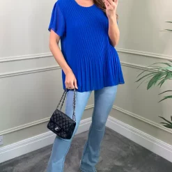 Wholesale ✔️ HOXTON GAL Short Sleeves Oversized Pleated Top In Blue 😉