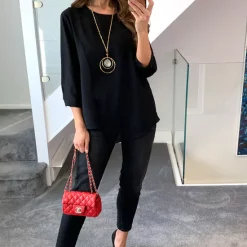 Best deal 🌟 HOXTON GAL Oversized Crepe 3/4 Sleeves Layered Top With Necklace In Black 🤩