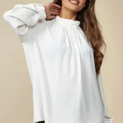 Best deal 🔔 HOXTON GAL Relaxed Fit Long Sleeves Ruffle Neck Top With Button Details In White 👏
