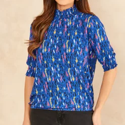 Wholesale ⭐ Jenerique High Neck Short Sleeve Top In Sax Blue Multicolour Print 👏
