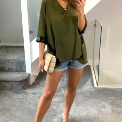 Top 10 ❤️ HOXTON GAL Oversized 3/4 Sleeves Sequin Top With V Neck Details In Khaki 🧨