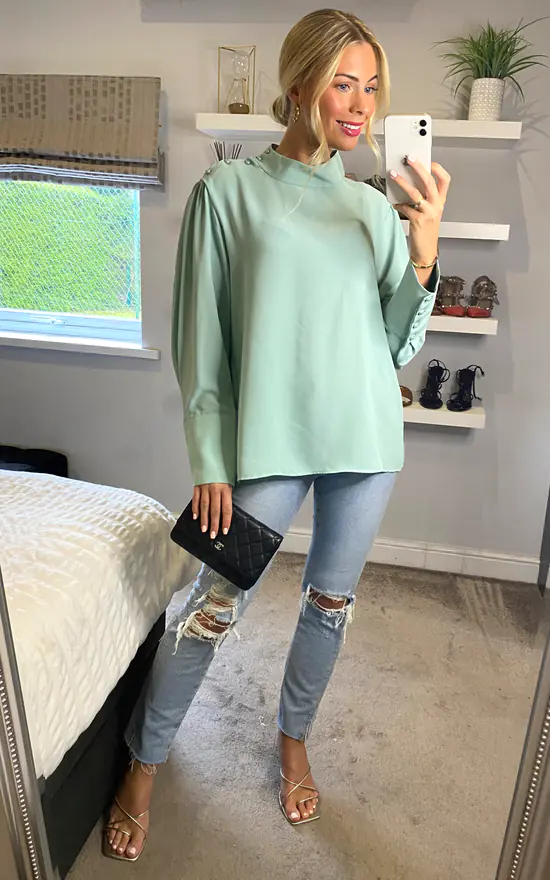 Coupon 🌟 HOXTON GAL High Neck Long Sleeves Relaxed Fit Top In Mint 🎉