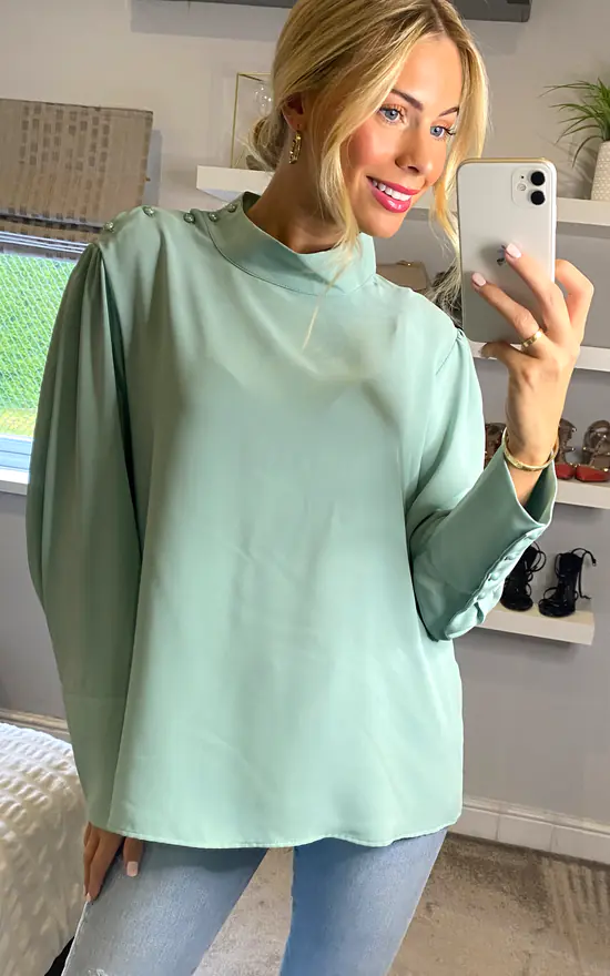 Coupon 🌟 HOXTON GAL High Neck Long Sleeves Relaxed Fit Top In Mint 🎉 - Image 2
