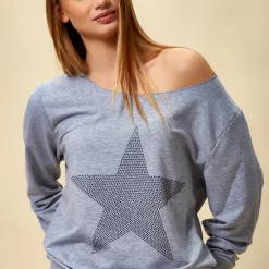 Buy 😀 HOXTON GAL Oversized Star Sweatshirt With Boat Neckline In Grey ✔️