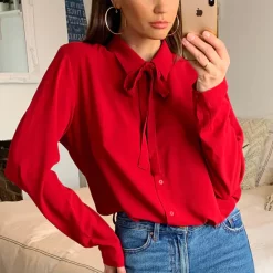 Best Pirce 👏 HOXTON GAL Tie Neck Oversized Crepe Top In Red 👏